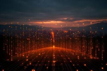 Poster - cityscape sunset, digital data streams