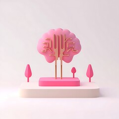 Poster - Pink Brain with Gold Circuitry Situated on a Minimalist Platform