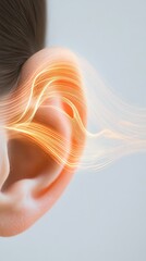 Poster - Orange sound waves are flowing into a human ear, illustrating the process of hearing and auditory perception in a scientific and visually engaging manner