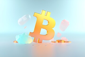 Poster - Golden Bitcoin Symbol with Pastel Crystalline Fragments