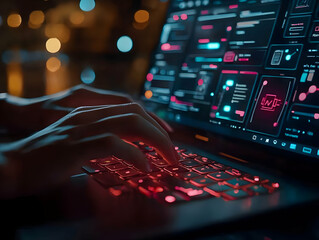 Poster - Night coder working on laptop, city bokeh