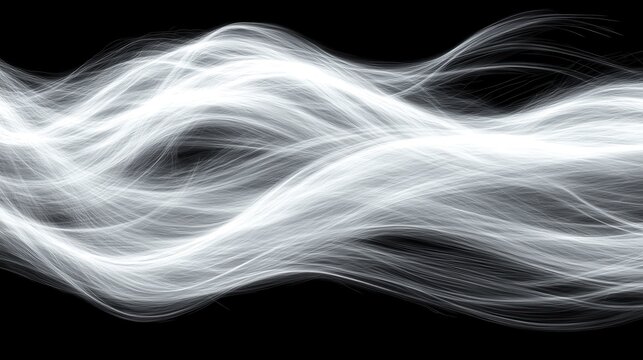 Abstract digital art featuring a flowing white wave of particles on a black background. The wave is luminous and ethereal, creating a sense of