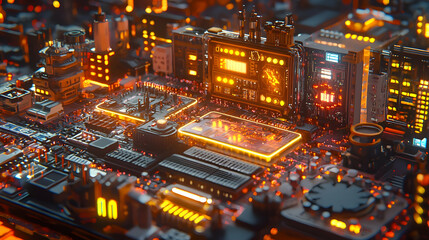 Poster - Futuristic city circuit board, glowing orange, tech background