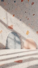 Poster - Soft pastels create a serene terrazzo backdrop adorned with colorful specks. Natural light casts playful shadows, adding depth and warmth to this artistic surface