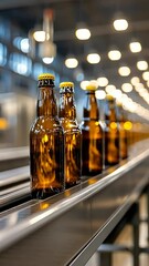 Poster - Bottles filled with beer travel along a conveyor belt in a vibrant brewery as machinery operates efficiently in the background