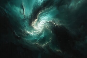Wall Mural - ethereal swirling nebula in deep space, blending rich purples and electric turquoise, creating a cosmic dance of colors and stardust with dramatic lighting effects