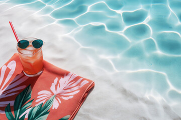 Poster - A beach umbrella and towel on white sand, with a tropical drink and sunglasses, summer vacation vibes