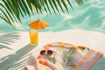 Poster - A beach umbrella and towel on white sand, with a tropical drink and sunglasses, summer vacation vibes