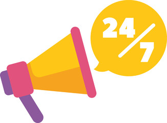 Poster - megaphone announcing 24 hours, 7 days a week availability and customer support service