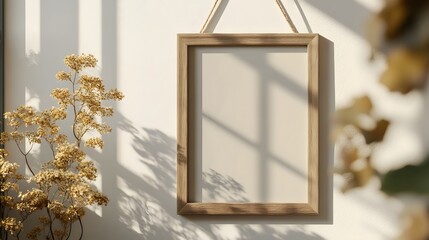 Aufkleber - Wooden photo frame hanging on a wall with natural green plants and flowers creating a cozy minimalist home interior design