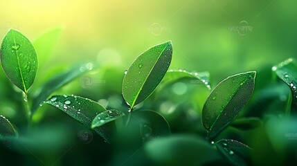 Poster - Capturing vibrant green leaves glistening with dew drops under soft morning sunlight, creating a refreshing and serene scene that embodies the beauty of nature and new life
