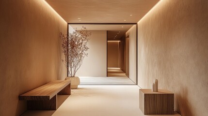 Aufkleber - Soft beige tones envelop a minimalist hallway, highlighted by Mocha Mousse hues. Natural light reflects off smooth surfaces, creating a calming atmosphere perfect for contemplation