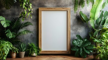 Aufkleber - Wooden photo frame with lush array of tropical indoor houseplants such as monstera peace lily and ferns displayed against a modern minimalist wall interior