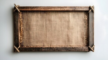 Poster - Wooden rustic frame with natural burlap textile background  Vintage shabby chic style textured surface for product display overhead flat lay photography or interior design mockup template