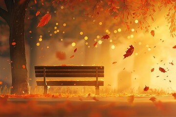 Poster - A cozy autumn scene with orange and red leaves falling from trees, a wooden bench, and a warm golden light