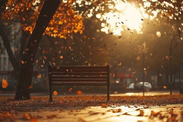 Poster - A cozy autumn scene with orange and red leaves falling from trees, a wooden bench, and a warm golden light