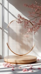 Poster - Set against a soft, light-filled backdrop, a minimalist gold wireframe podium stands gracefully surrounded by scattered cherry blossom petals and delicate branches, evoking tranquility