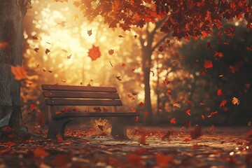 Poster - A cozy autumn scene with orange and red leaves falling from trees, a wooden bench, and a warm golden light