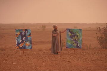 Wall Mural - Abstract Art Exhibition in Desert at Sunset