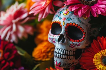 Wall Mural - Colorful Dia de los Muertos Skull Surrounded by Flowers