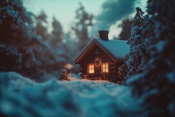 Poster - A cozy cabin in the snow, with warm light glowing from the windows and smoke rising from the chimney