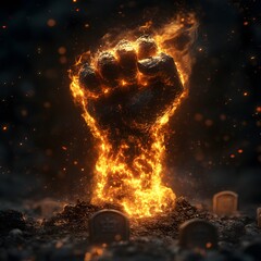 Poster - Captivating 3D visual of a raised fist emerging from the soil surrounded by swirling flames set against a stark black background with meticulously detailed tombstones enhancing the dramatic effect