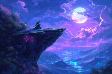 Poster - A dragon perched on a cliff overlooking a mystical valley