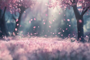 Poster - A field of blooming cherry blossoms, with pink petals floating in the air, soft and romantic spring vibe