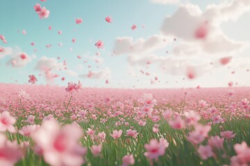 Poster - A field of blooming cherry blossoms, with pink petals floating in the air, soft and romantic spring vibe