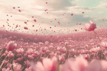 Poster - A field of blooming cherry blossoms, with pink petals floating in the air, soft and romantic spring vibe