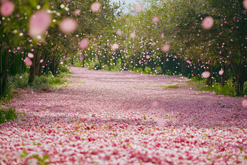 Poster - A field of blooming cherry blossoms, with pink petals floating in the air, soft and romantic spring vibe