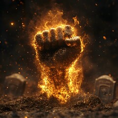 Poster - Captivating 3D visual of a raised fist emerging from the soil surrounded by swirling flames set against a stark black background with meticulously detailed tombstones enhancing the dramatic effect