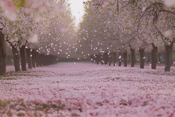 Poster - A field of blooming cherry blossoms, with pink petals floating in the air, soft and romantic spring vibe