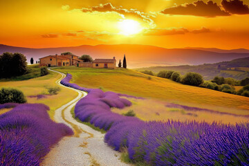 Poster - A field of lavender under a golden sunset