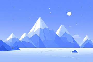 Poster - A flat design of a mountain range in shades of blue and white, with a gradient sky, clean and modern