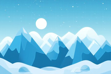 Poster - A flat design of a mountain range in shades of blue and white, with a gradient sky, clean and modern