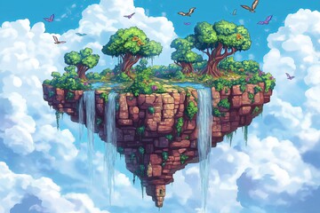 Poster - A floating island with waterfalls cascading into the clouds, surrounded by flying creatures