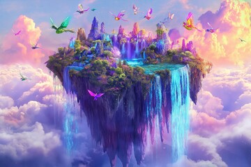 Poster - A floating island with waterfalls cascading into the clouds, surrounded by flying creatures