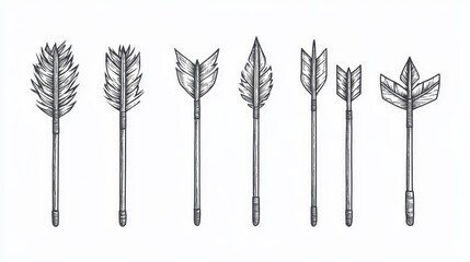 Poster - Collection of eight monochrome arrow illustrations, with varying styles and fletching, shown against a white background. Simple line drawings with a