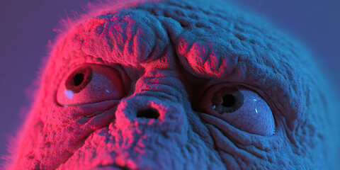 Poster - Close-up of a Textured Creature Face with Pink and Blue Lighting
