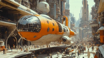 Wall Mural - Futuristic Cityscape with Orange Spaceship