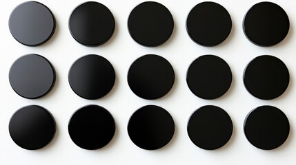 Poster - overhead shot of fifteen black discs arranged in three rows of five on a white background. the discs