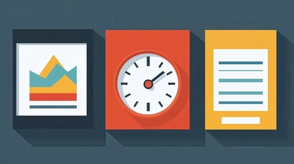 Poster - Three square frames with flat design icons a bar graph, a clock, and a document. Dark gray background with long shadows. Simple, minimalist style