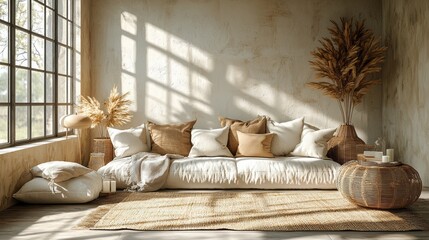 Aufkleber - Soft sunlight filters through large windows, illuminating a minimalist living room adorned with plush cushions, woven decor, and earthy tones. The space invites relaxation and tranquility