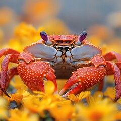 Poster - Captivating closeup of a red crab in high resolution featuring its detailed shell illuminated under gentle light with a muted grey background and playful yellow petals creating a balanced visual