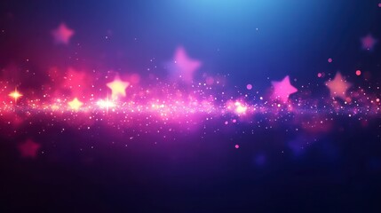 Wall Mural - Abstract background with glowing pink and purple stars and sparkles on a dark blue backdrop. The stars vary in size and brightness, creating a