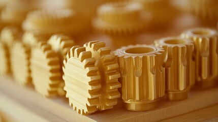 Poster - close up view of numerous golden gears arranged on a light wooden surface. the gears are various siz