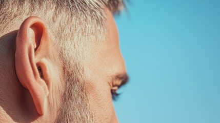 Poster - Close up of a man's ear against a clear blue sky, emphasizing the sense of hearing and its importance in communication and perception, ideal for healthcare and audiology related projects