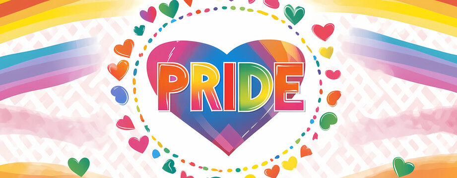 Pride month banner design with rainbow stripes and colorful hearts