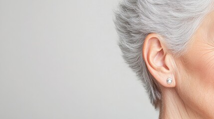 Poster - Close up of a senior woman's ear with gray hair, highlighting potential hearing or ear related issues, emphasizing the importance of healthcare in older age